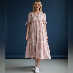 English Factory Gingham Tiered Cottagecore Dress with Bow-Tie Sleeves Women’s S